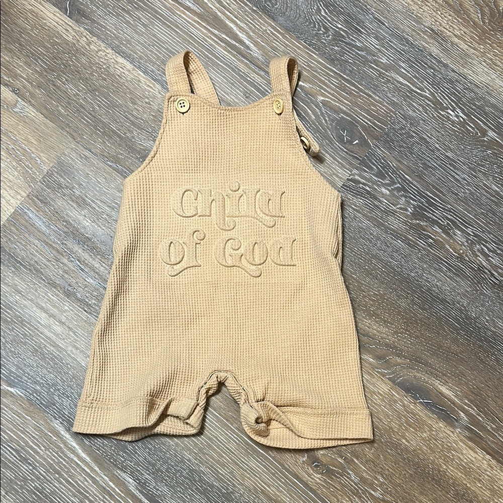 Tan Baby Overalls with Embroidered Text